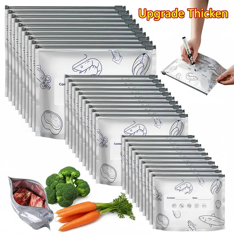 Reusable Stand-Up Food Storage Bags with Zipper Seal & Labels
