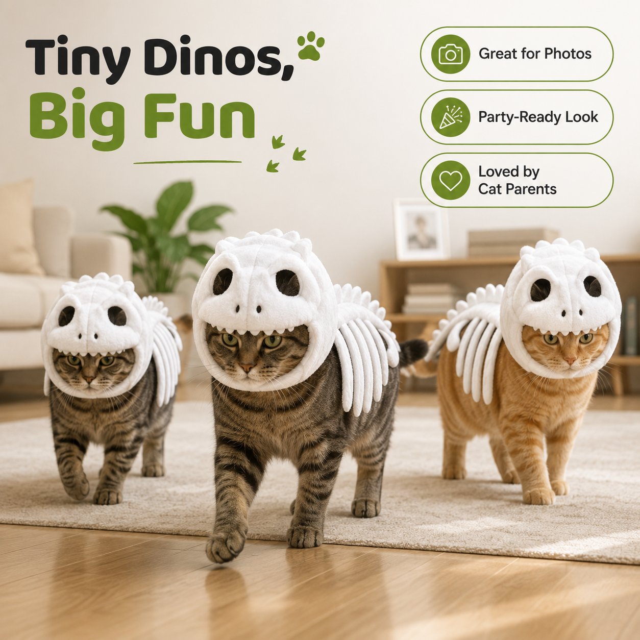 🦖 Glow-in-the-Dark Dinosaur Skeleton Cat Costume — Let Your Kitty Roar at Night! ✨