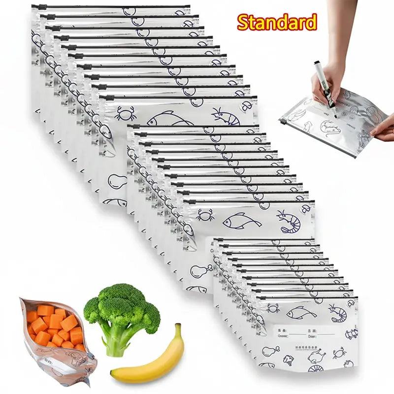 Reusable Stand-Up Food Storage Bags with Zipper Seal & Labels