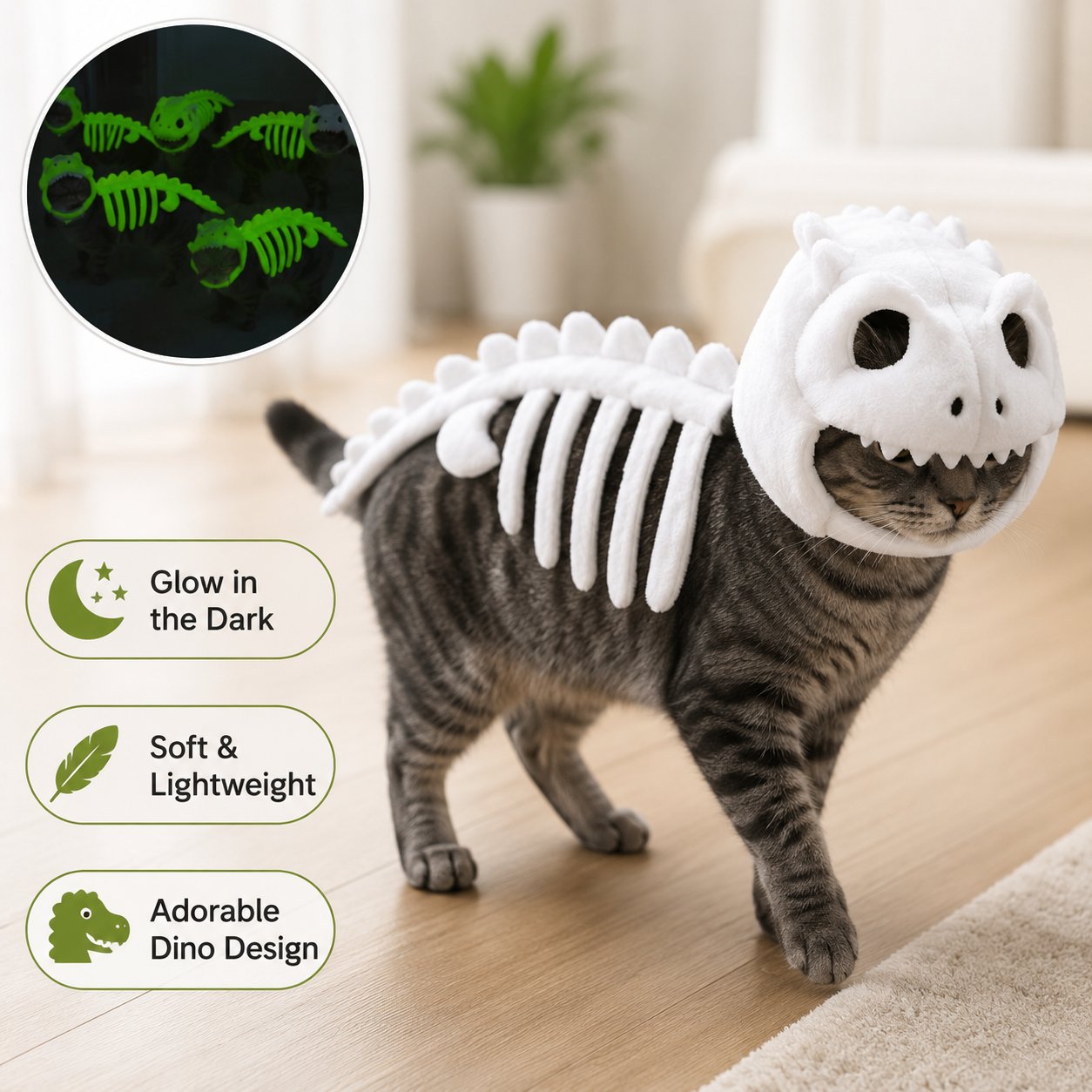 🦖 Glow-in-the-Dark Dinosaur Skeleton Cat Costume — Let Your Kitty Roar at Night! ✨