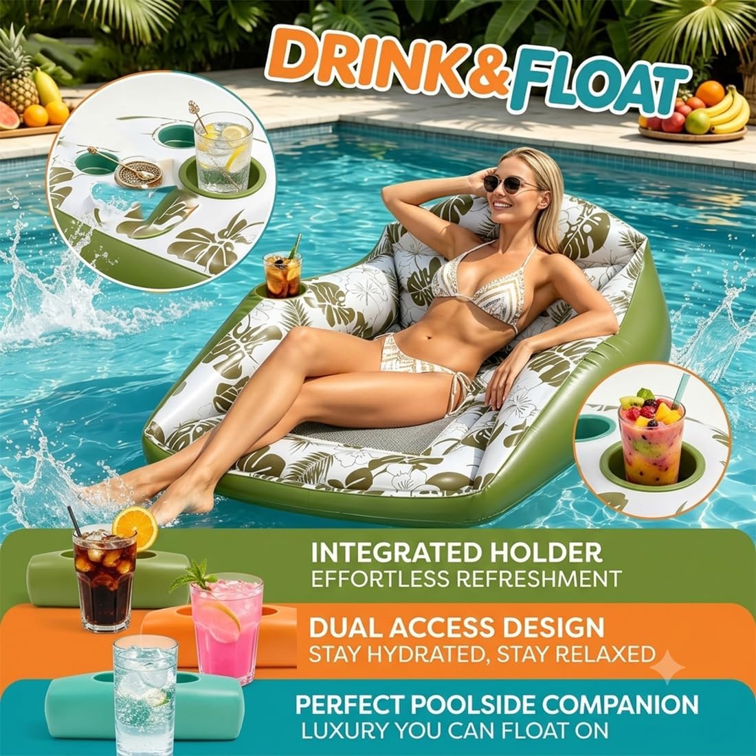 Adult Large Tropical Inflatable Water Sofa with Cup Holder