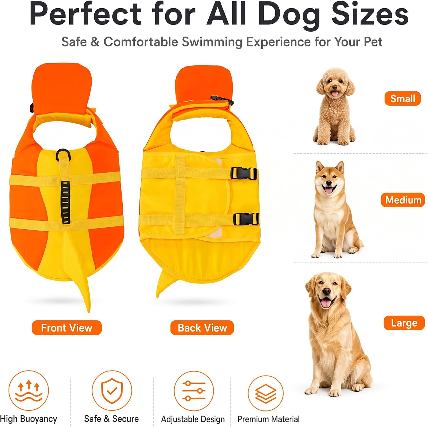 Shark Dog Life Jacket with Neck Support – Keep Your Dog Safe & Comfortable While Swimming, High Buoyancy Float Vest with Rescue Handle