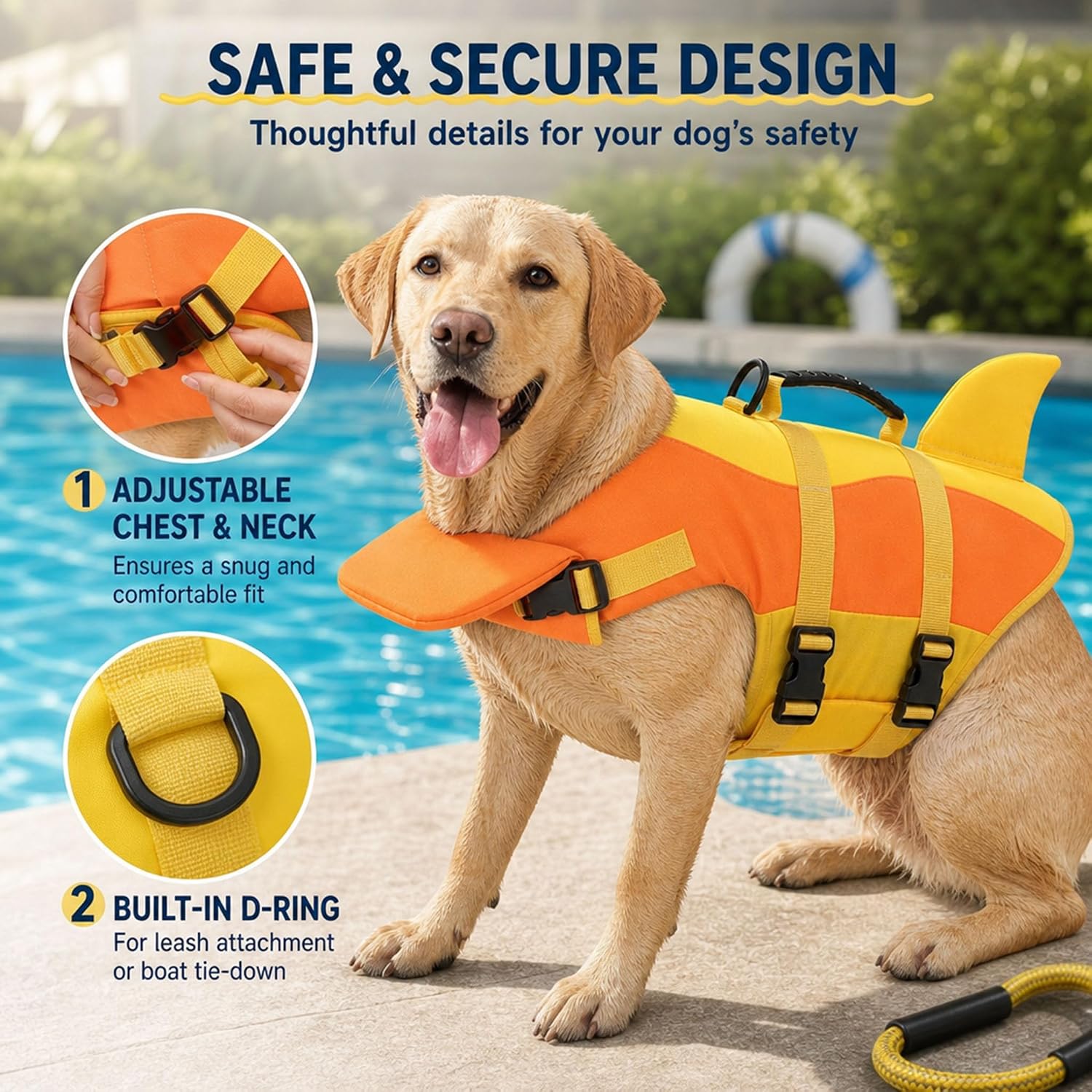 Shark Dog Life Jacket with Neck Support – Keep Your Dog Safe & Comfortable While Swimming, High Buoyancy Float Vest with Rescue Handle