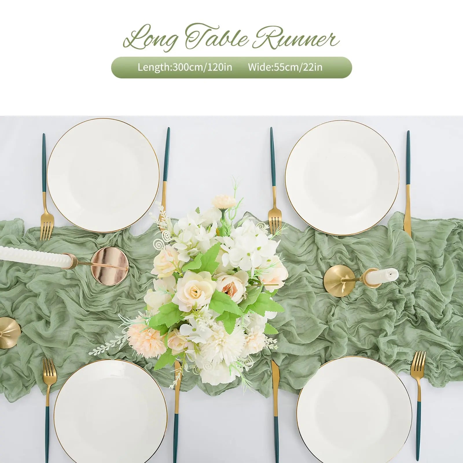 10 ft Sage Green Cheesecloth Table Runner for Weddings